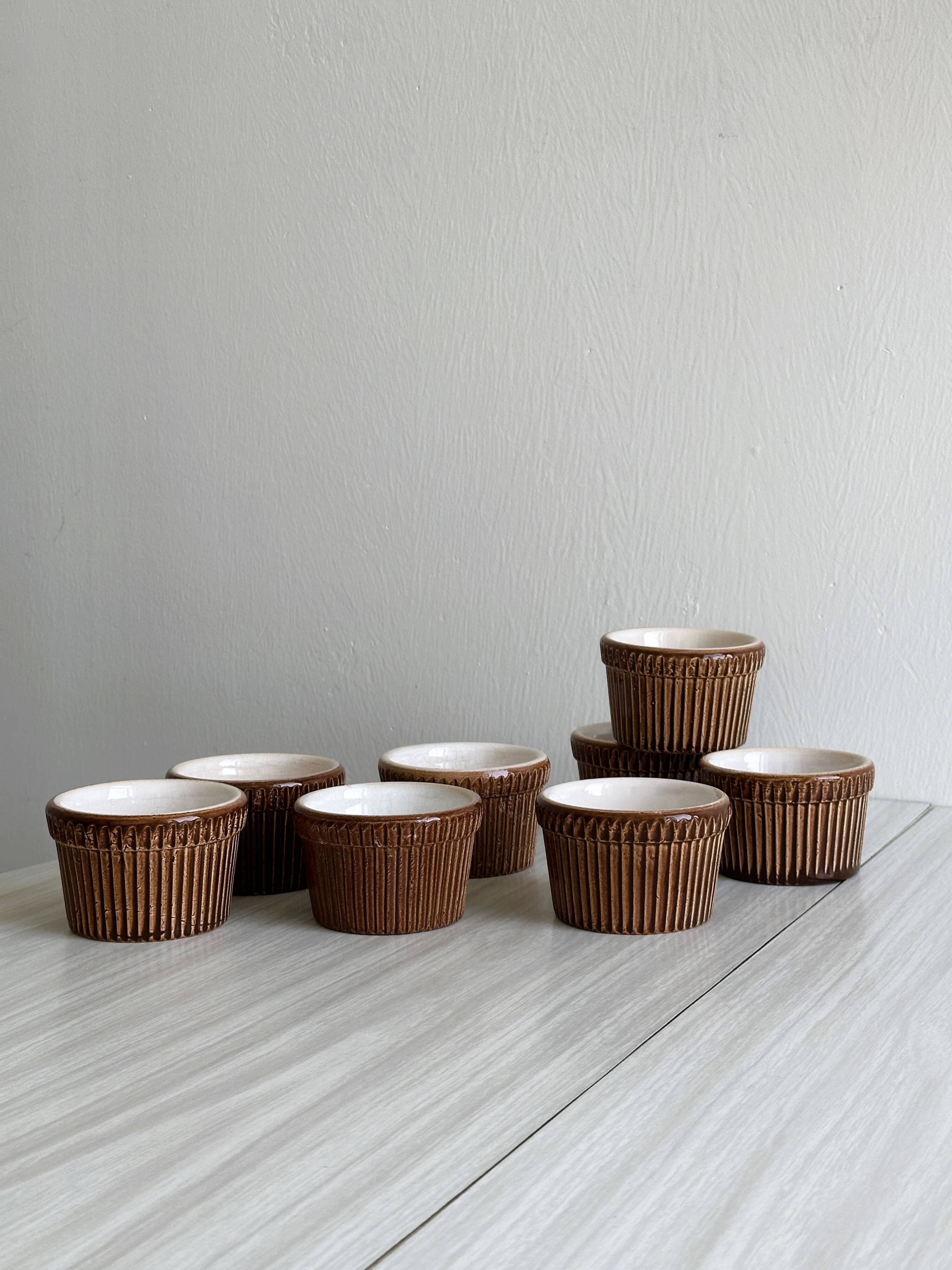 8 antique ceramic ramekins, brown finish