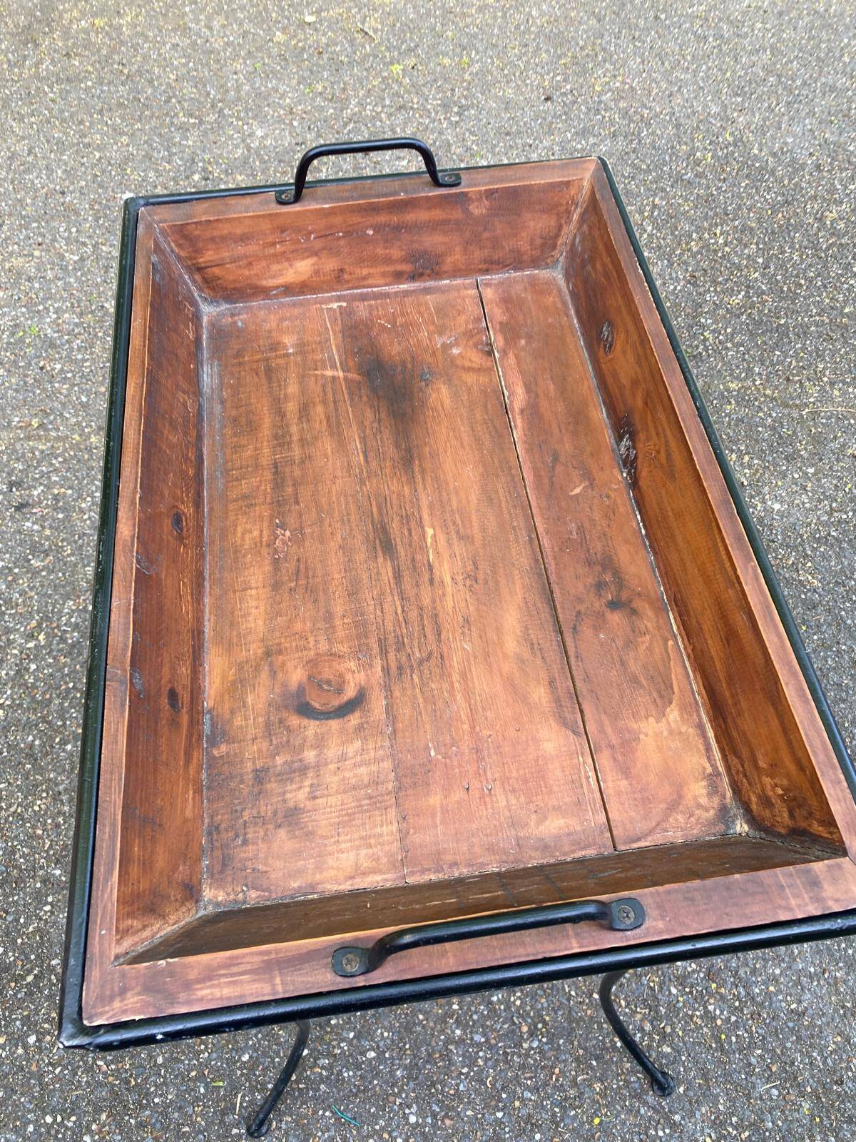 Vintage dessert table in wrought iron and solid wood with double top.