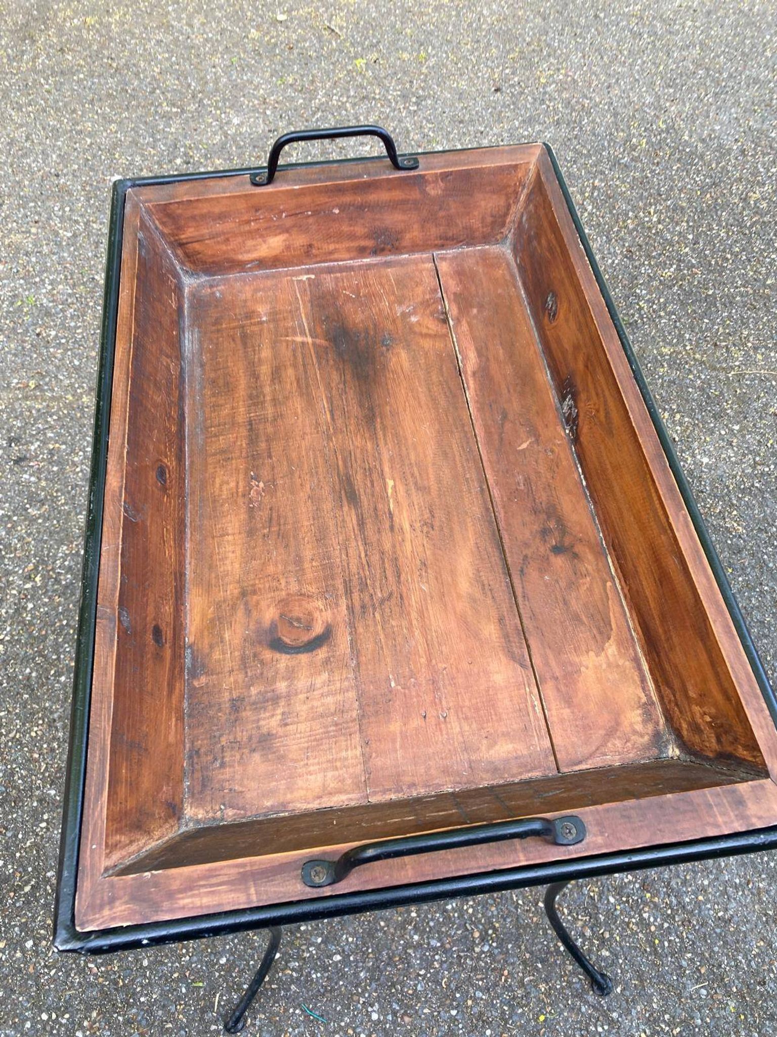 Vintage dessert table in wrought iron and solid wood with double top.
