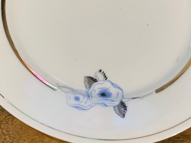 9 white porcelain plates of art deco blue flower limoges