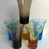 Set of 6 colored and engraved design shot glasses 60s-70s
