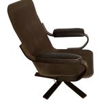 Scandinavian tilting and swivel armchair in curved wood and leather
