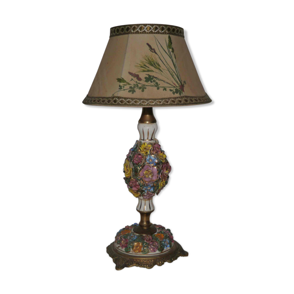 Lampe ou veilleuse bronze et céramique fleurs émaillées — Beyit