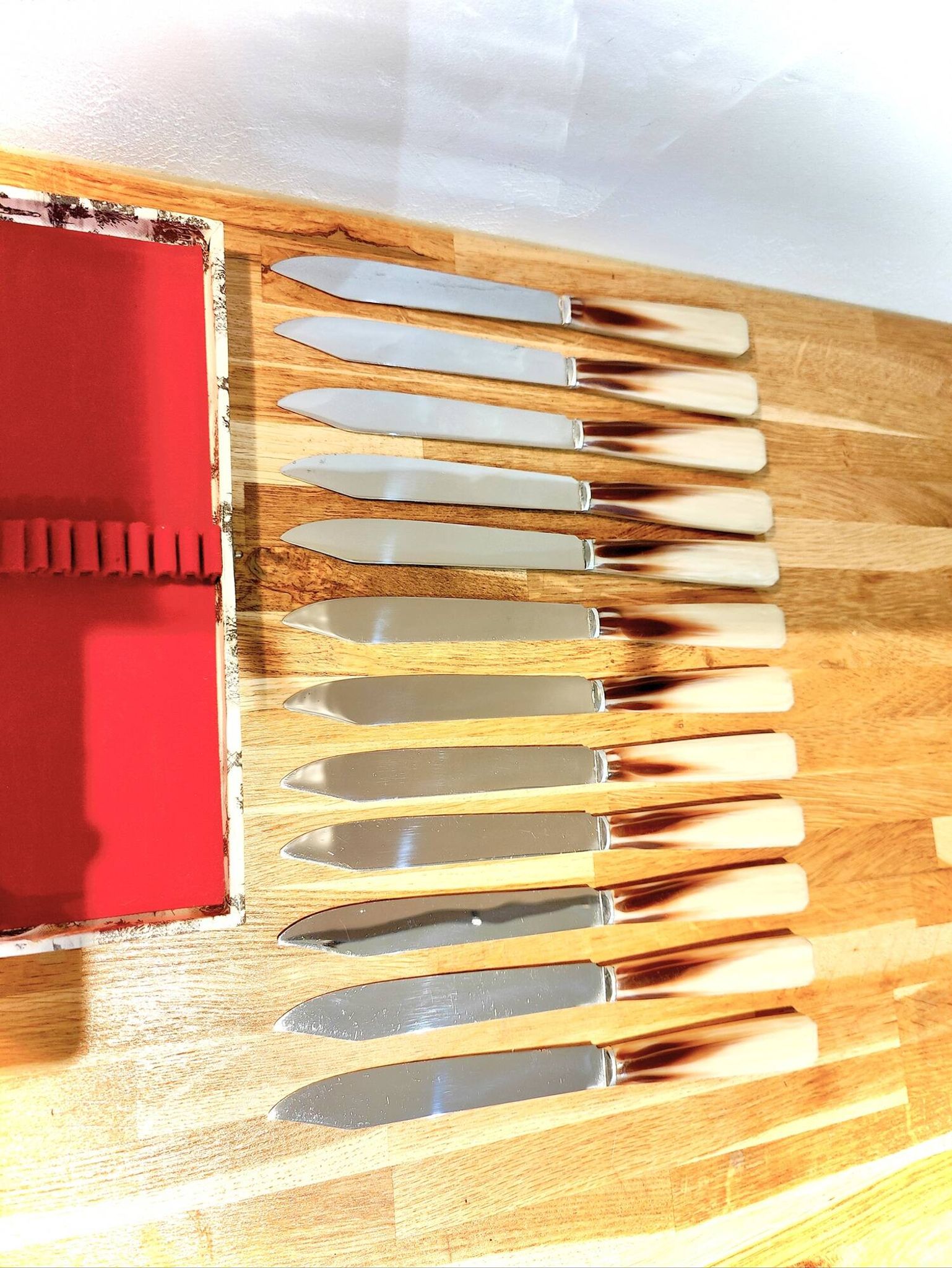 Set of 12 radium table knives in horn