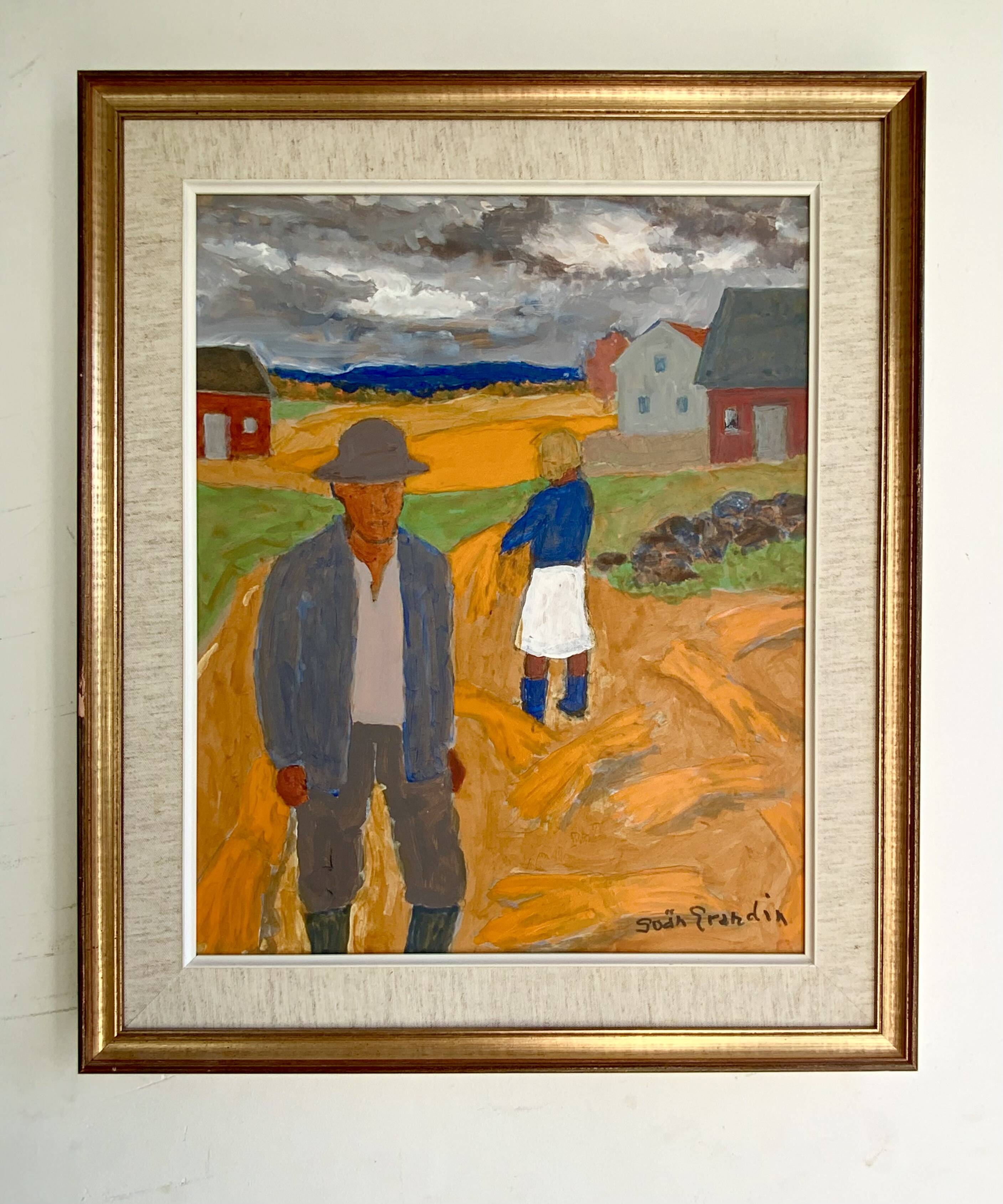 Vintage Oil Painting Harvesting Landscape  by Svan Grandin (1906- 1982)