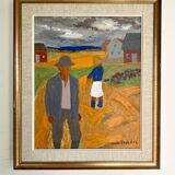 Vintage Oil Painting Harvesting Landscape  by Svan Grandin (1906- 1982)