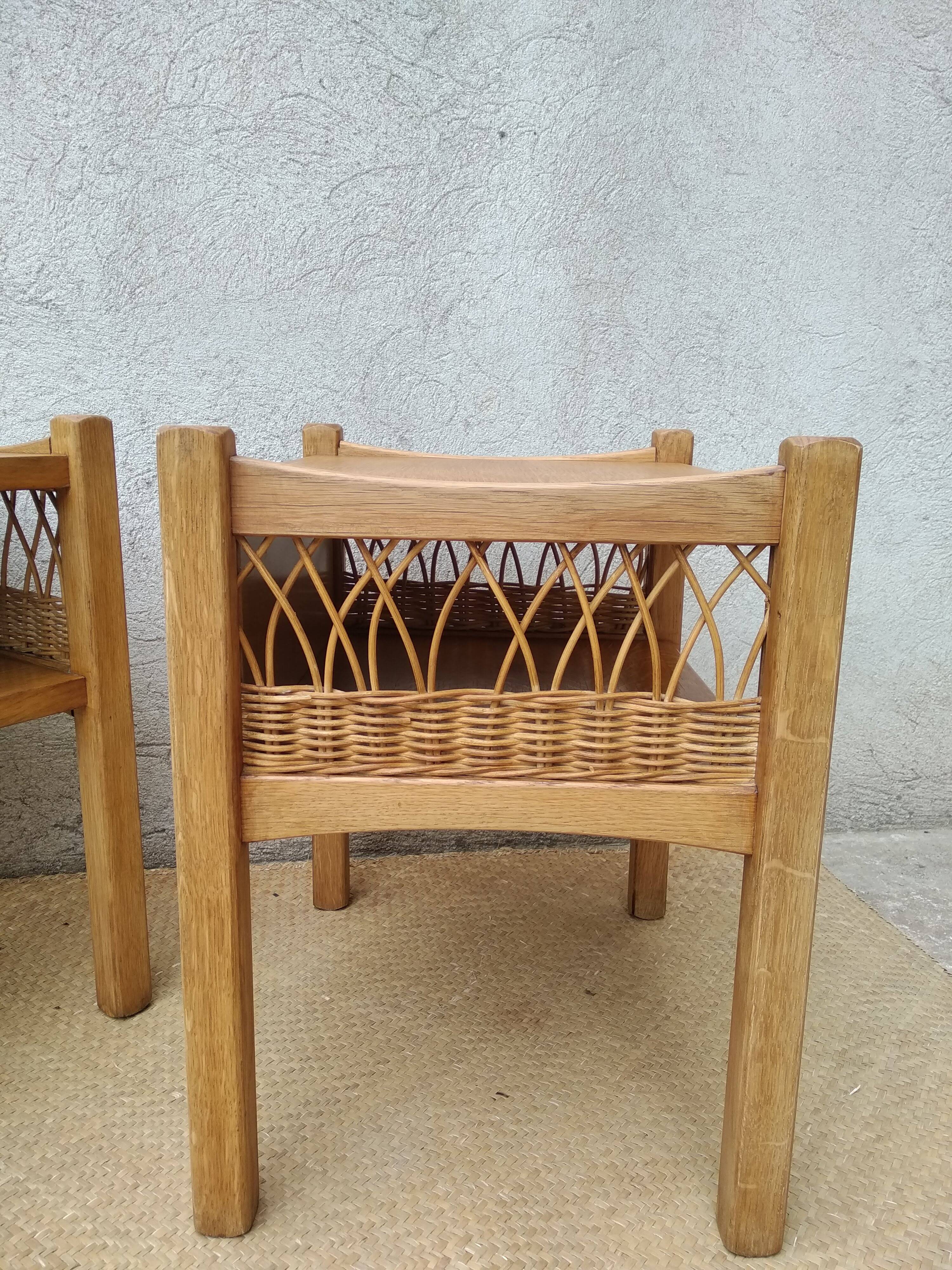 Paire de chevets bois et rotin