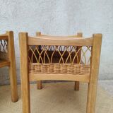 Pair of wooden and rattan bedside tables