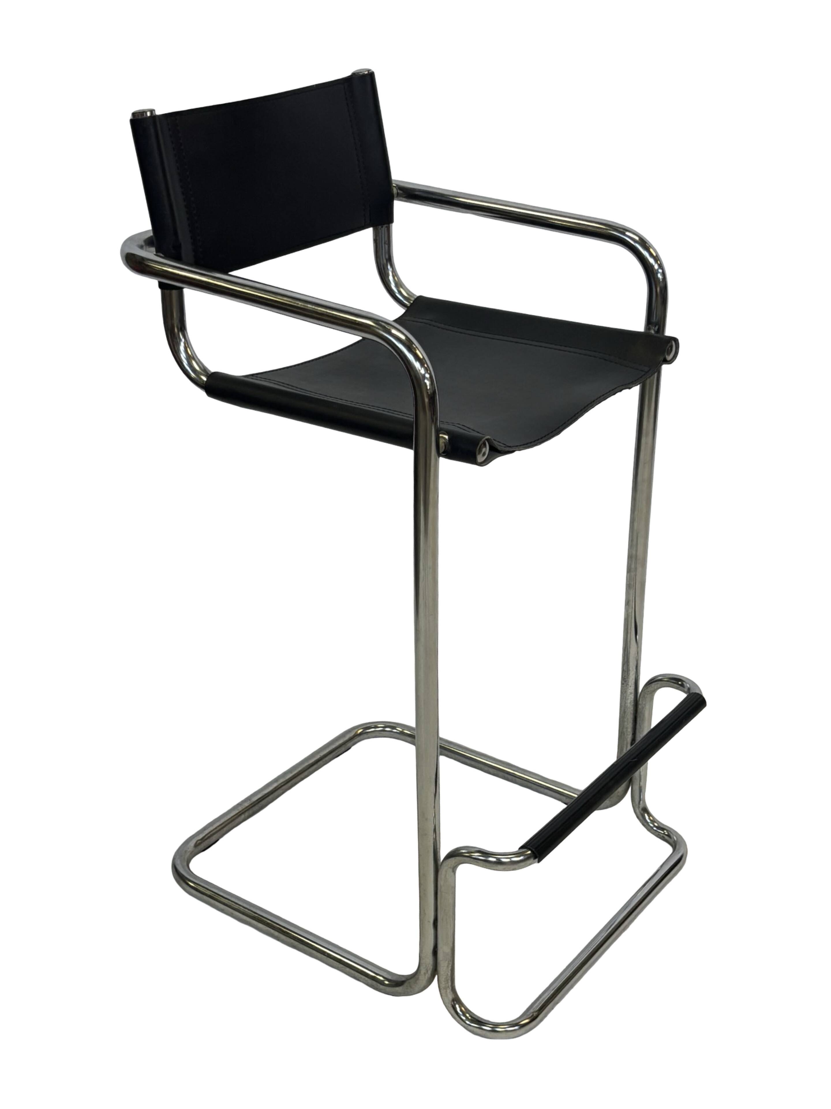 Tabouret de bar vintage en cuir noir et chrome, Italie