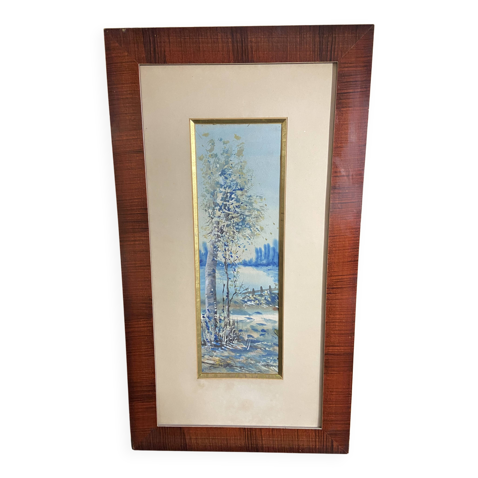 Large watercolor from the early 20th century, signed landscape of a wooded river bank
