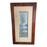 Large watercolor from the early 20th century, signed landscape of a wooded river bank
