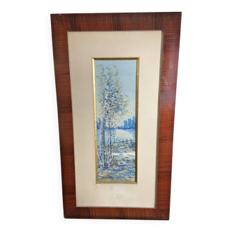 Large watercolor from the early 20th century, signed landscape of a wooded river bank
