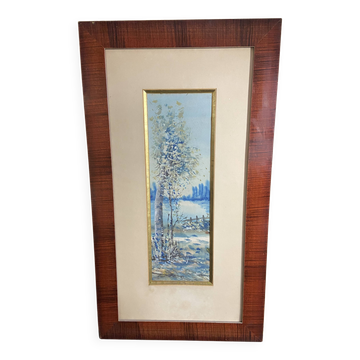 Large watercolor from the early 20th century, signed landscape of a wooded river bank