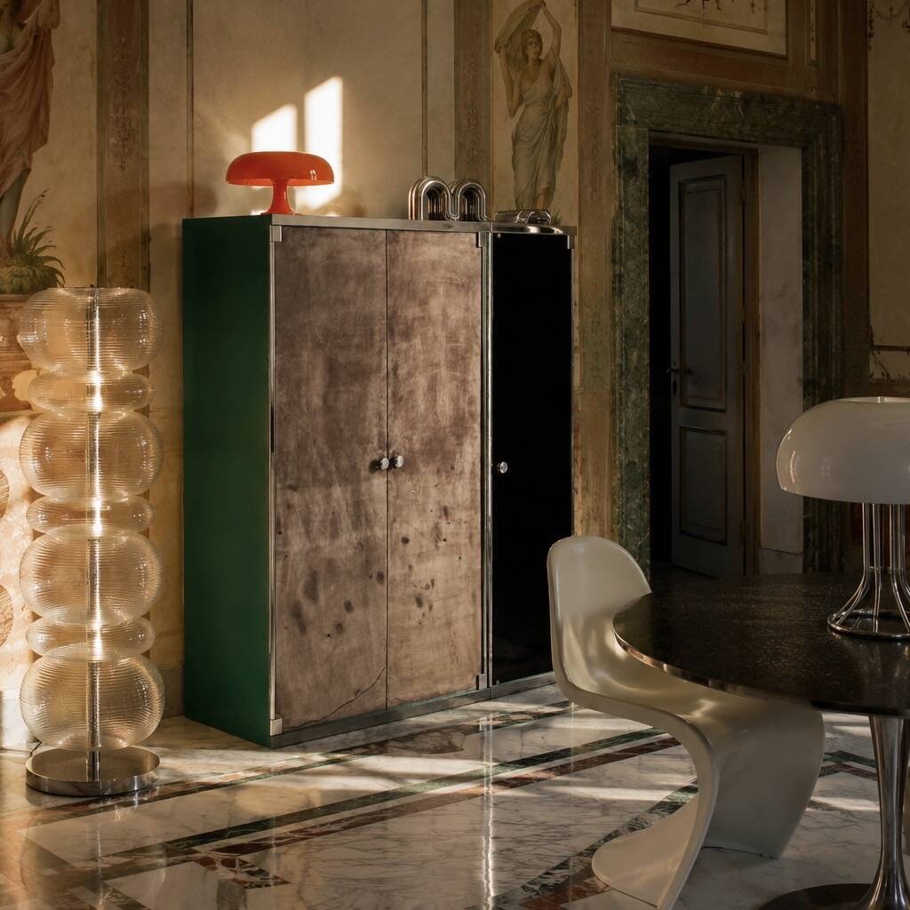 Guido Faleschini Astro Smoked Glass and Suede Cabinets for i4 Mariani 1979