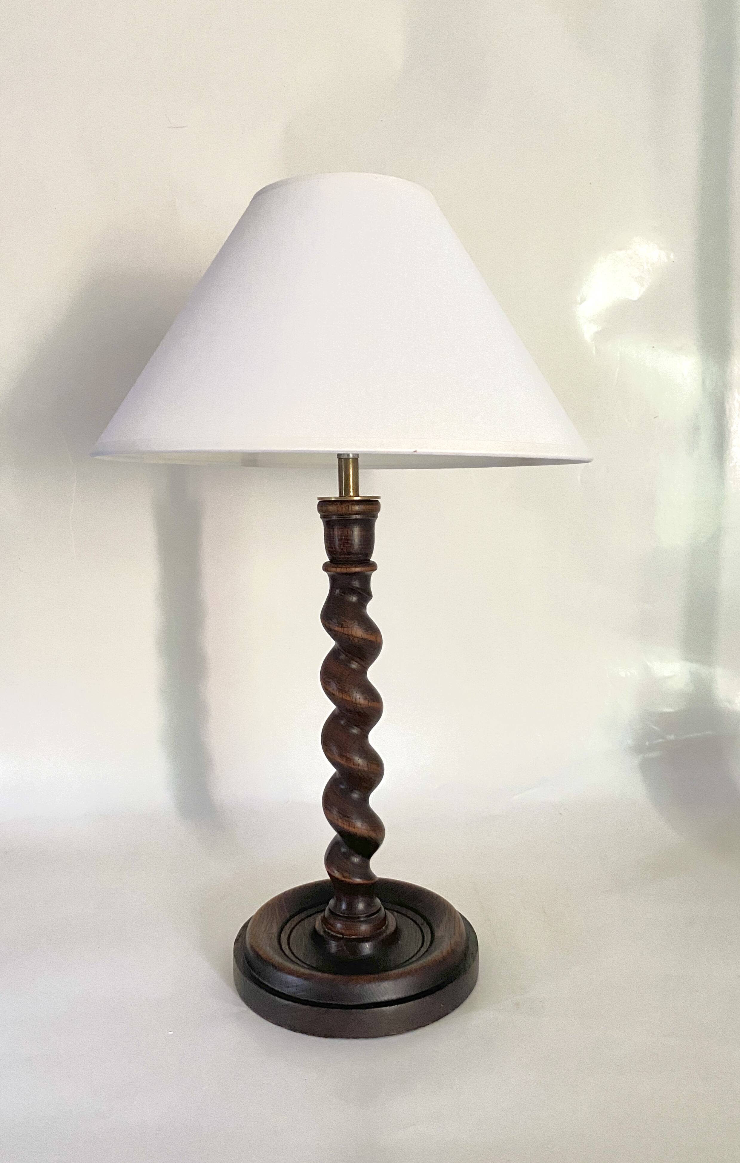 Turned wooden lamp, fabric cable, cotton lampshade.