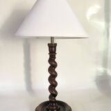 Turned wooden lamp, fabric cable, cotton lampshade.