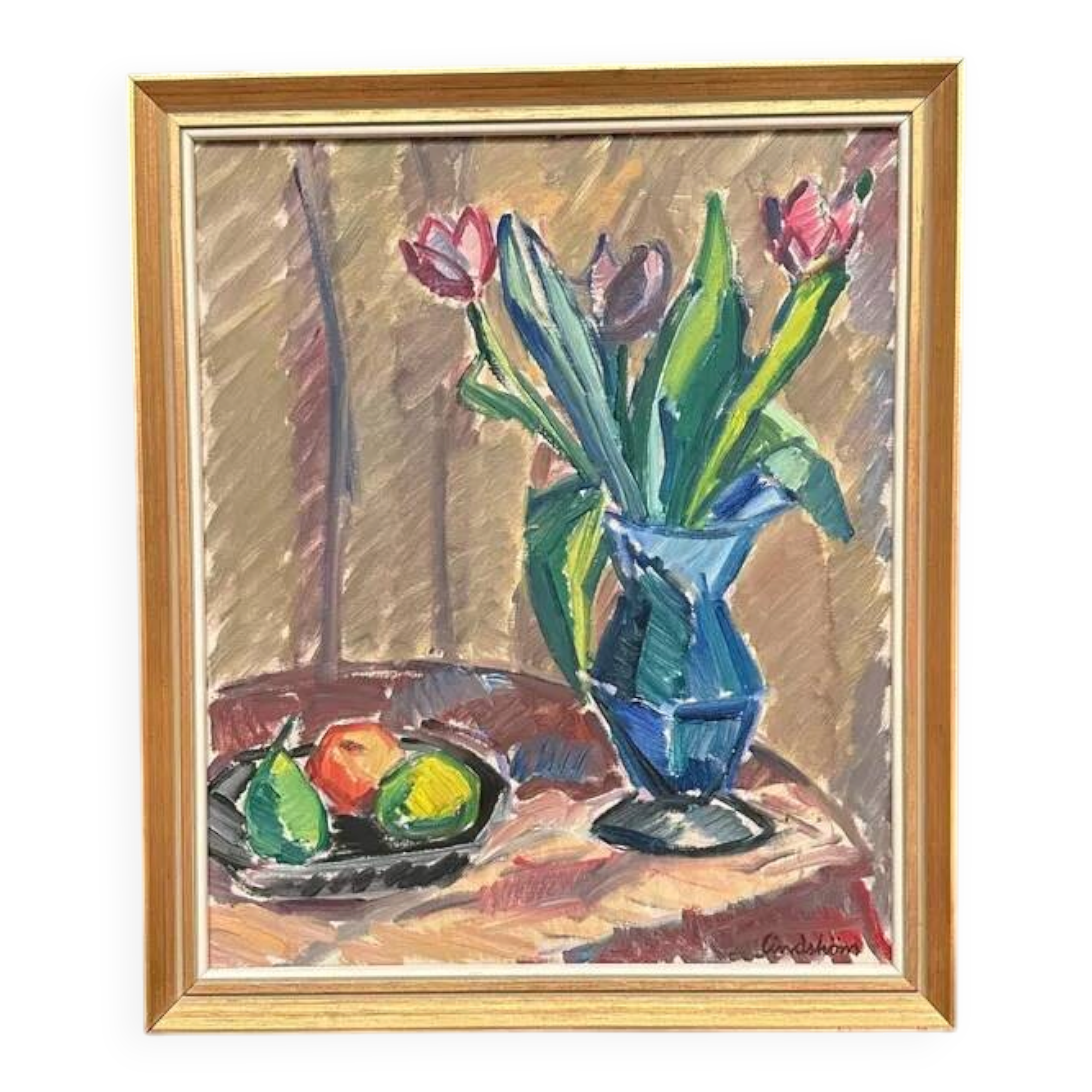 Original Swedish Oil on Canvas - 'Tulips' by Knut Lindström - Signed - Dated 1966 - Framed