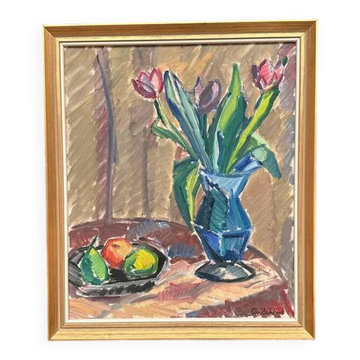 Original Swedish Oil on Canvas - 'Tulips' by Knut Lindström - Signed - Dated 1966 - Framed