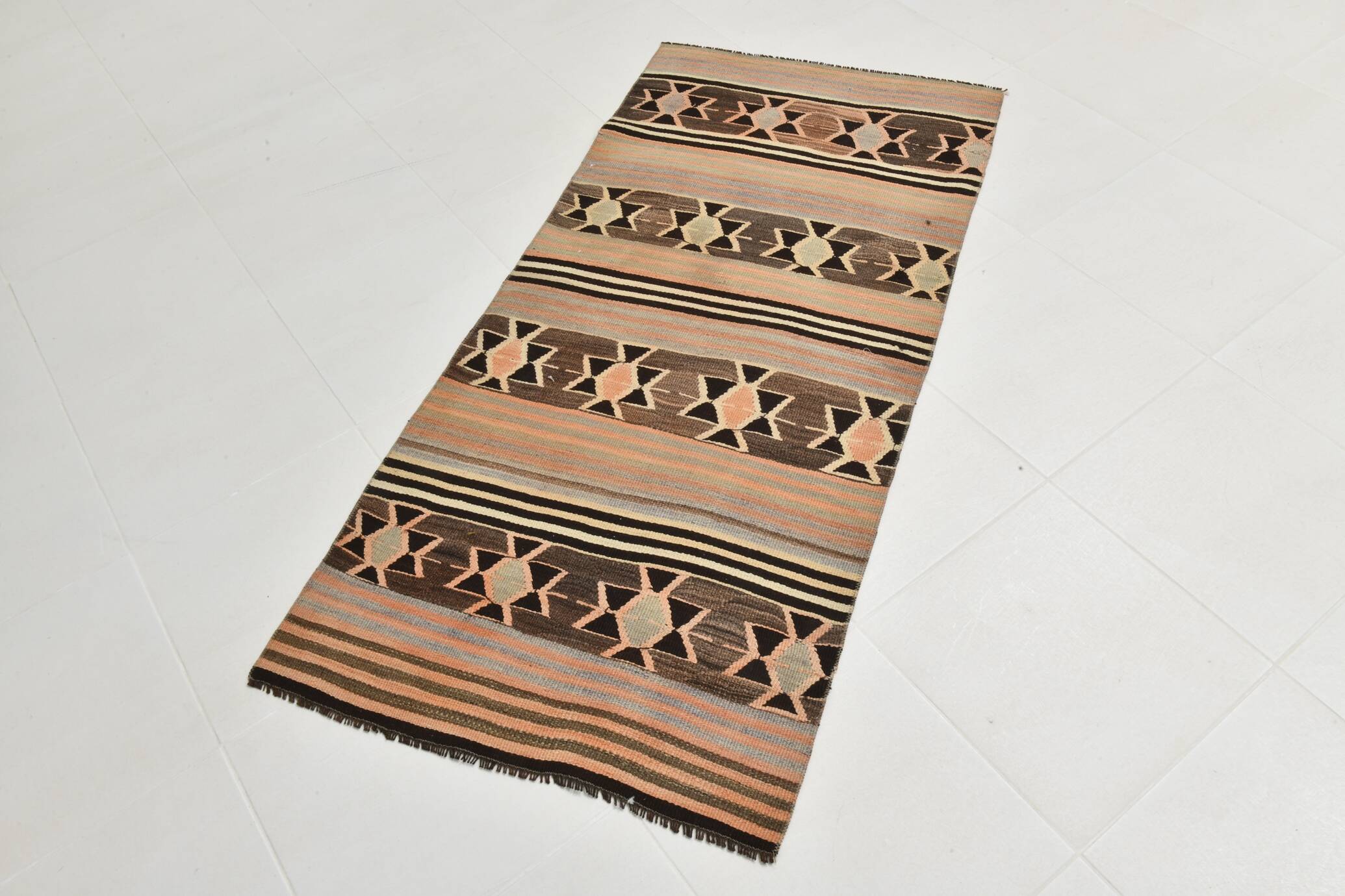 2x5 Salmon Brown Geometric Kilim Rug, 80x170Cm