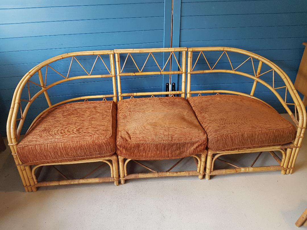 Canapé rotin vintage 3 places, 3 modules- possibilité banquette et chauffeuse