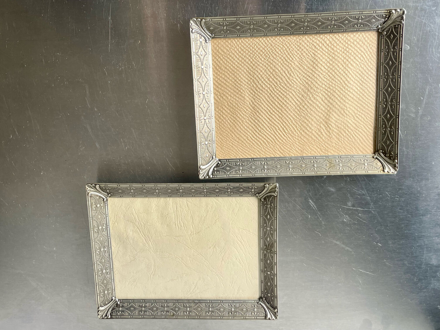 Pair identical vintage metal frames each 18.5 cm x 14.5 cm convex glass