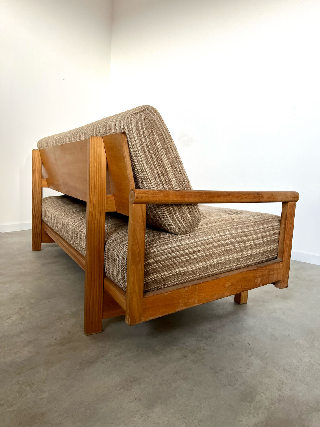 Old wooden sofa vintage brutalist design 60s