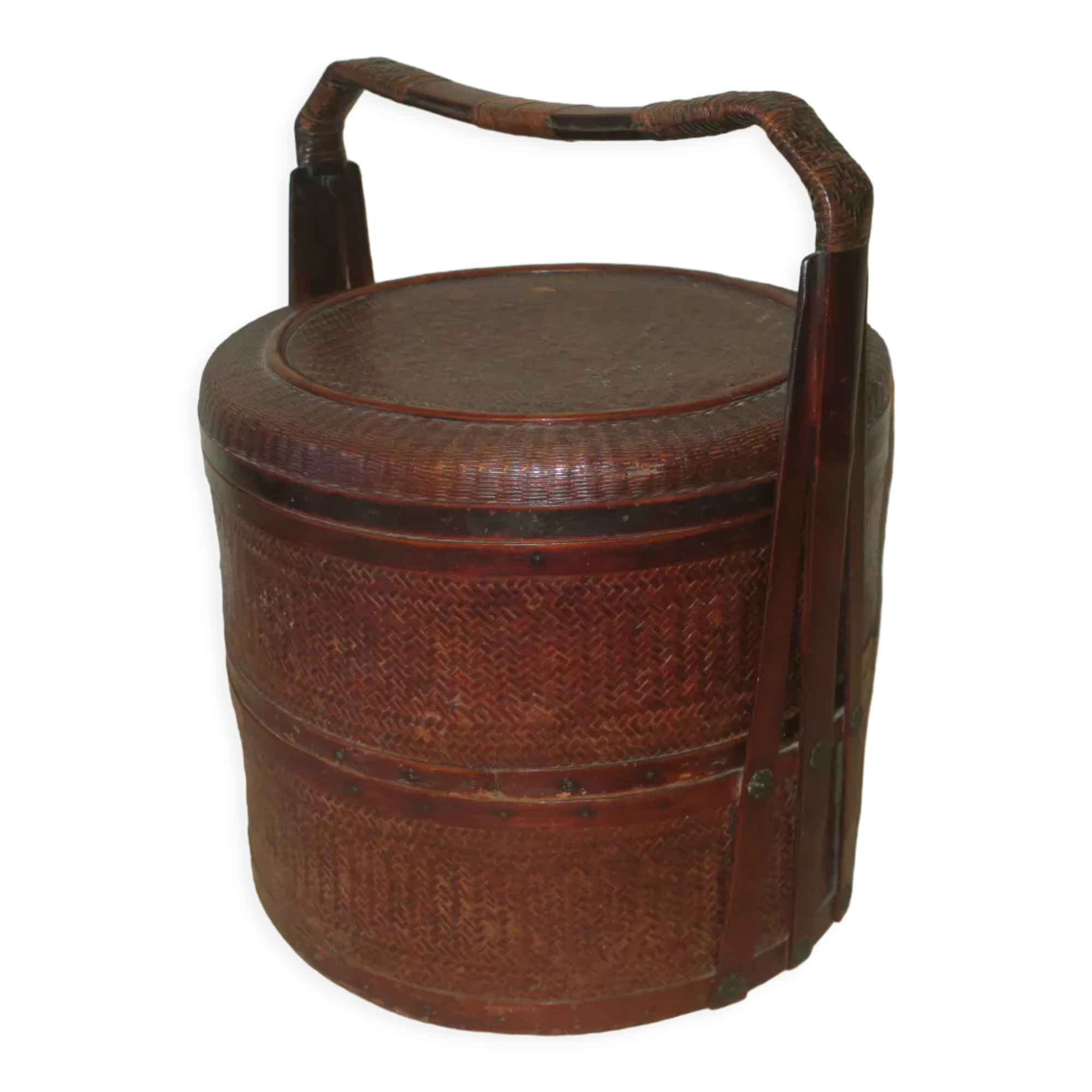 Panier chinois antique en bois et rotin à 3 sections