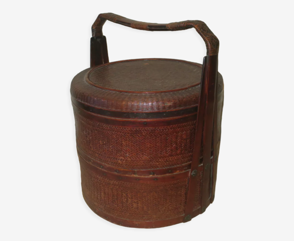 Panier chinois antique en bois et rotin à 3 sections