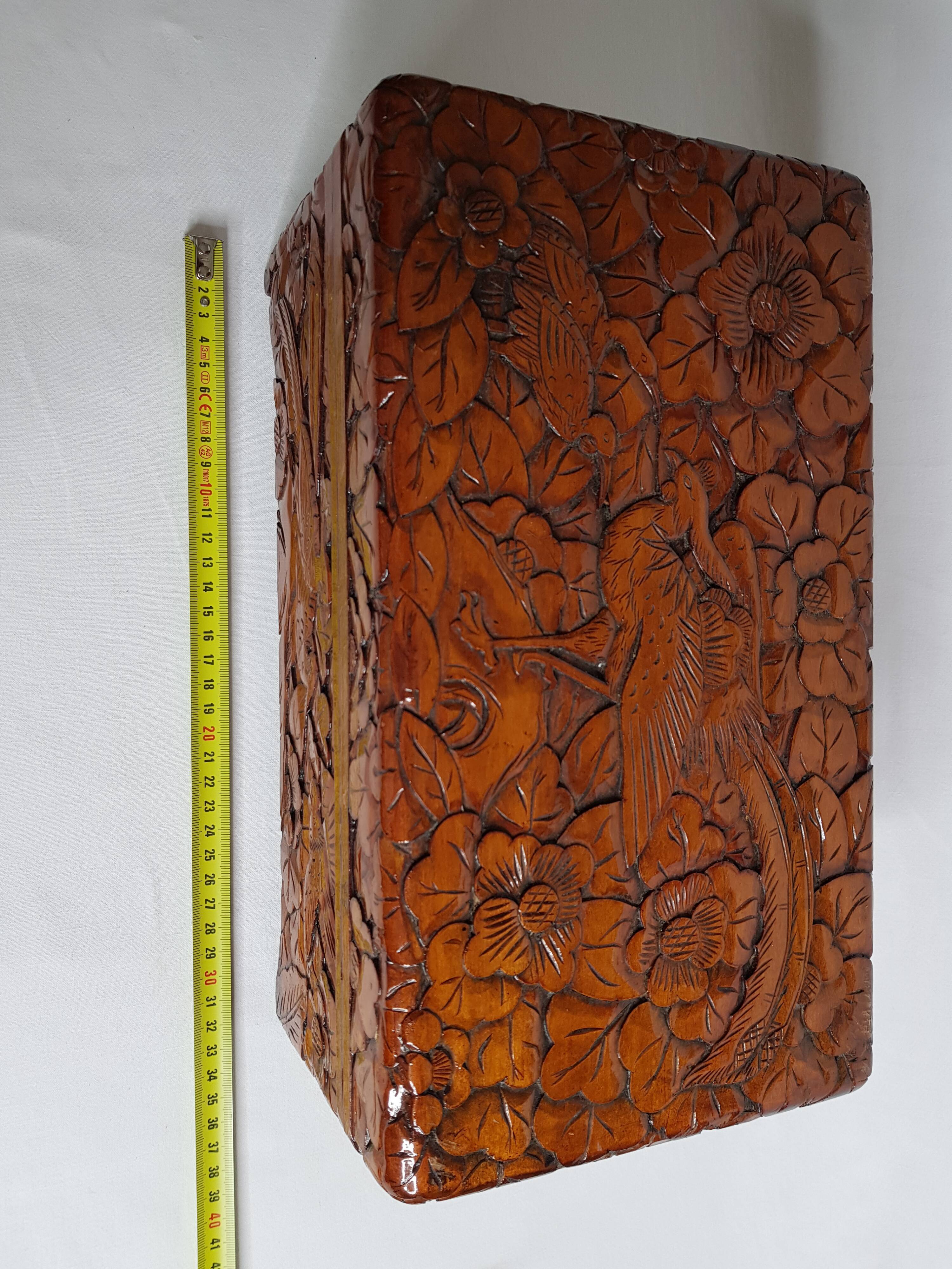 Old wooden box carved in Dodin around 1950 decorated with Phoenix