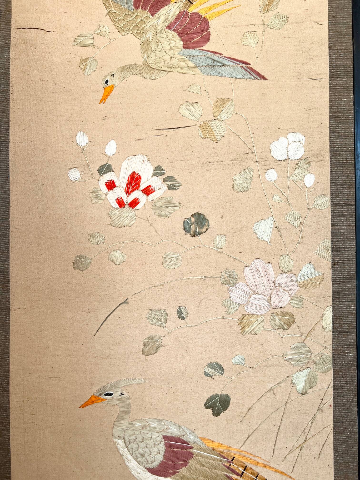 4-panel Japanese screen, 19th century, bird silk embroidery