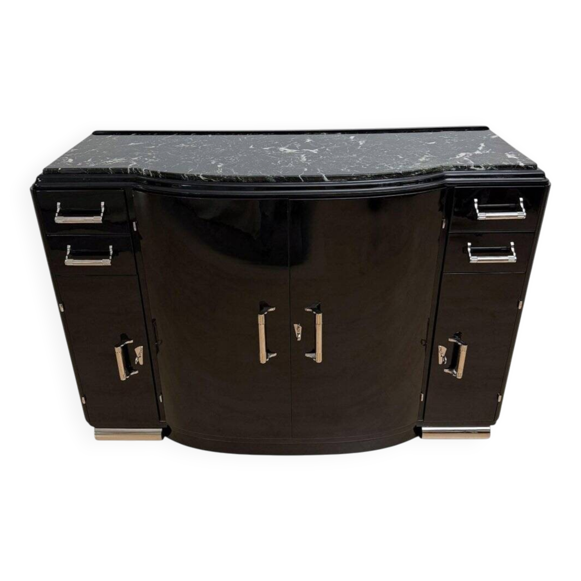 Art Deco sideboard in black lacquer, nickel, marble and mahogany, 1930s