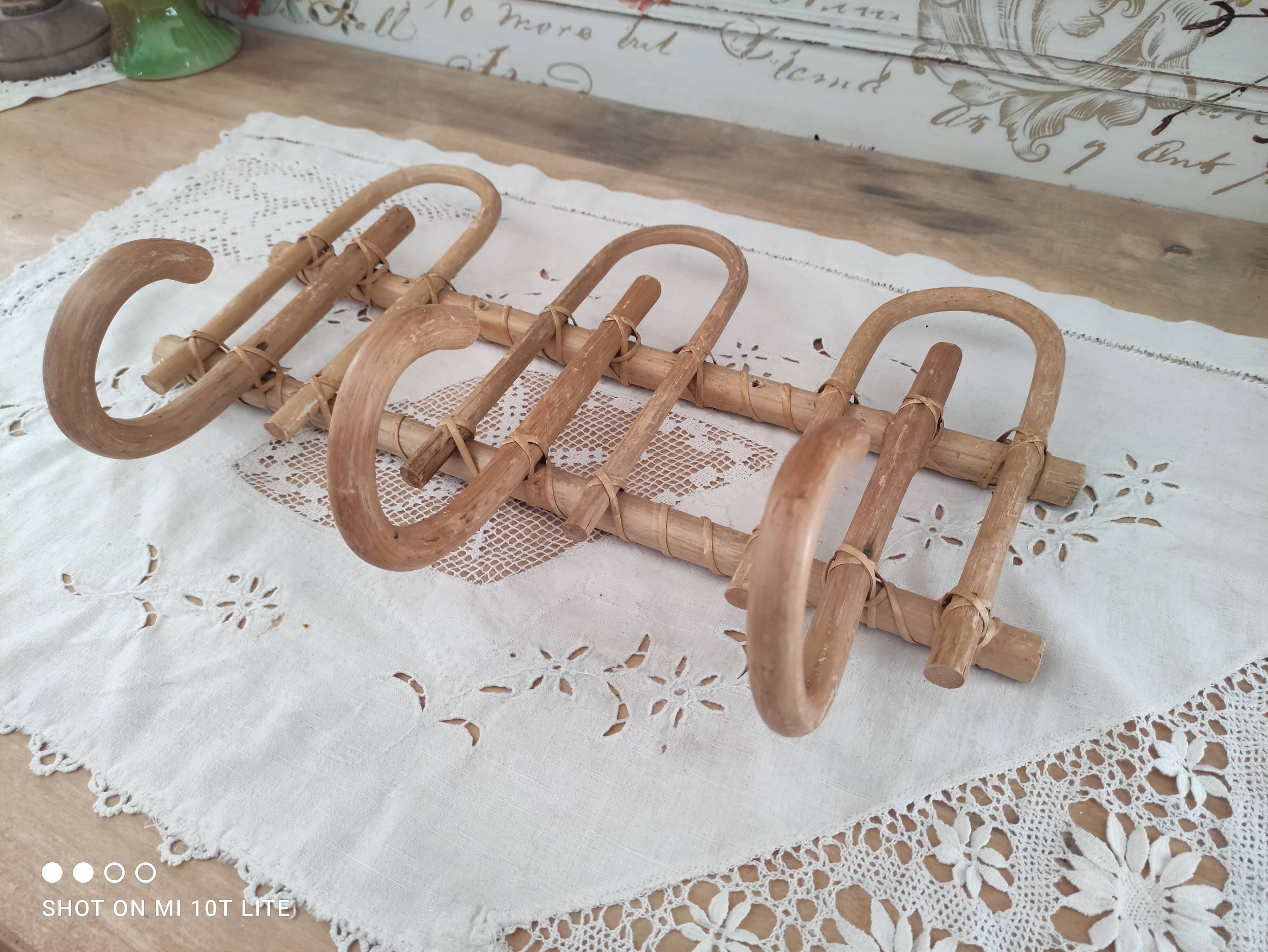 Vintage rattan coat hook with 3 hooks