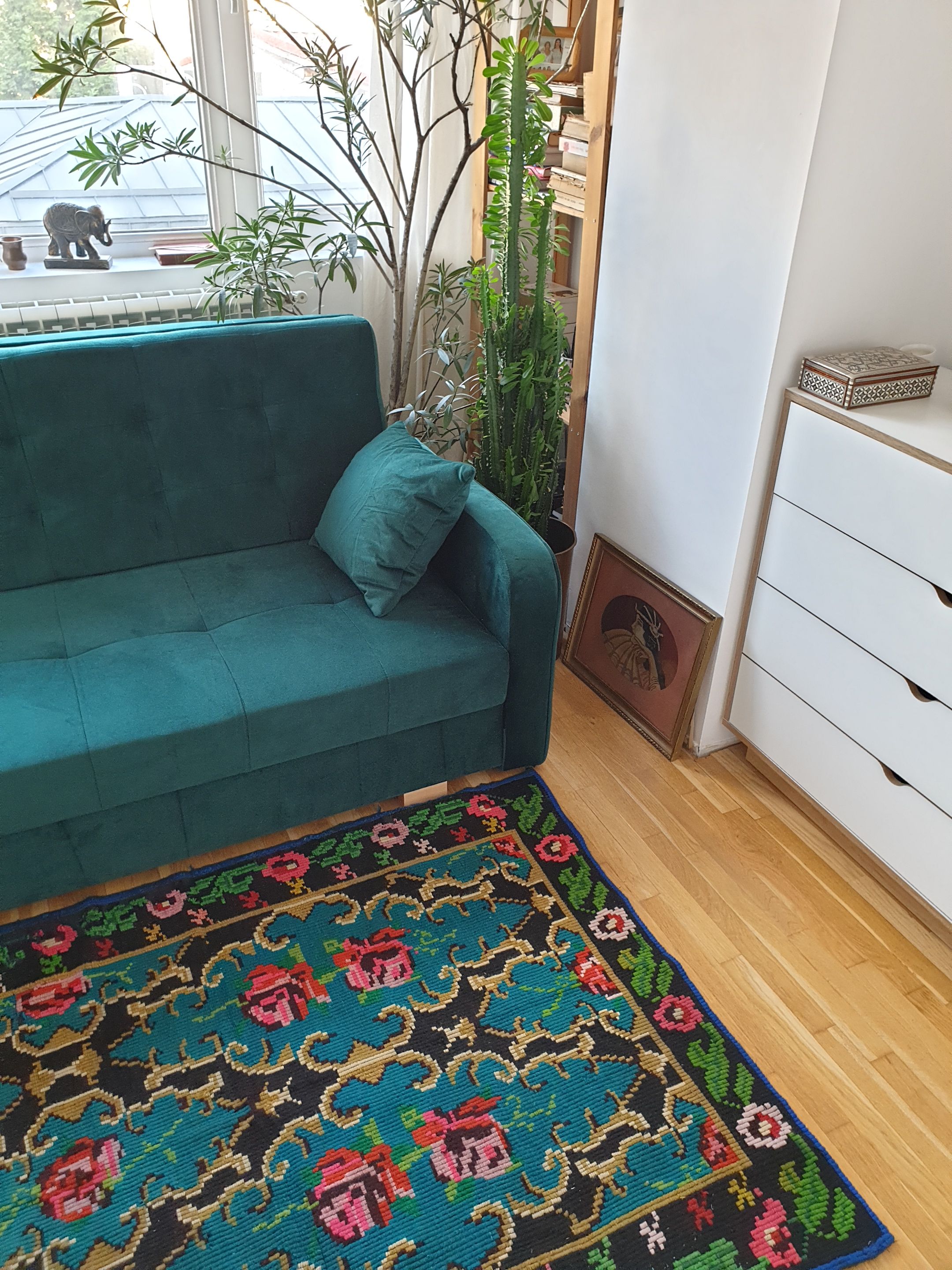 Bohemian blue handwoven carpet with roses made in Romania