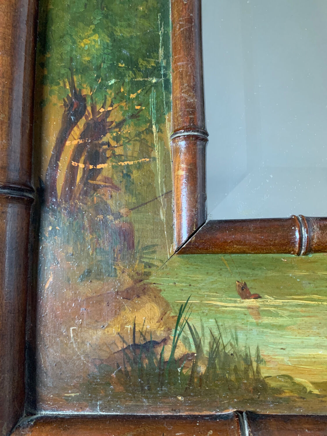 Bamboo wood mirror and 19th-century paintings