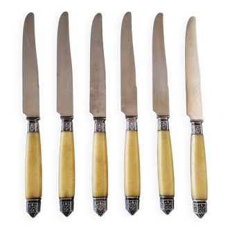 Coffret de 6 Couteaux Apéritifs en Résine et Métal Vitolas Style Art Nouveau 19ème Siècle