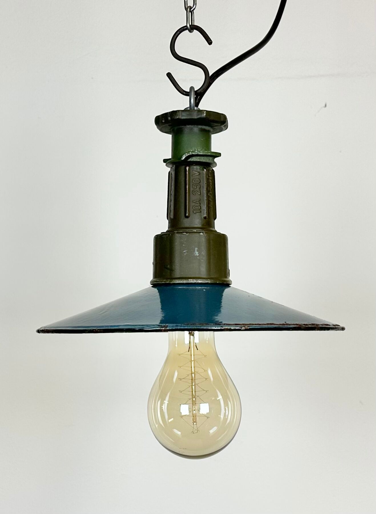 Industrial Blue Enamel Factory Pendant Lamp with Cast Aluminium Top, 1960s