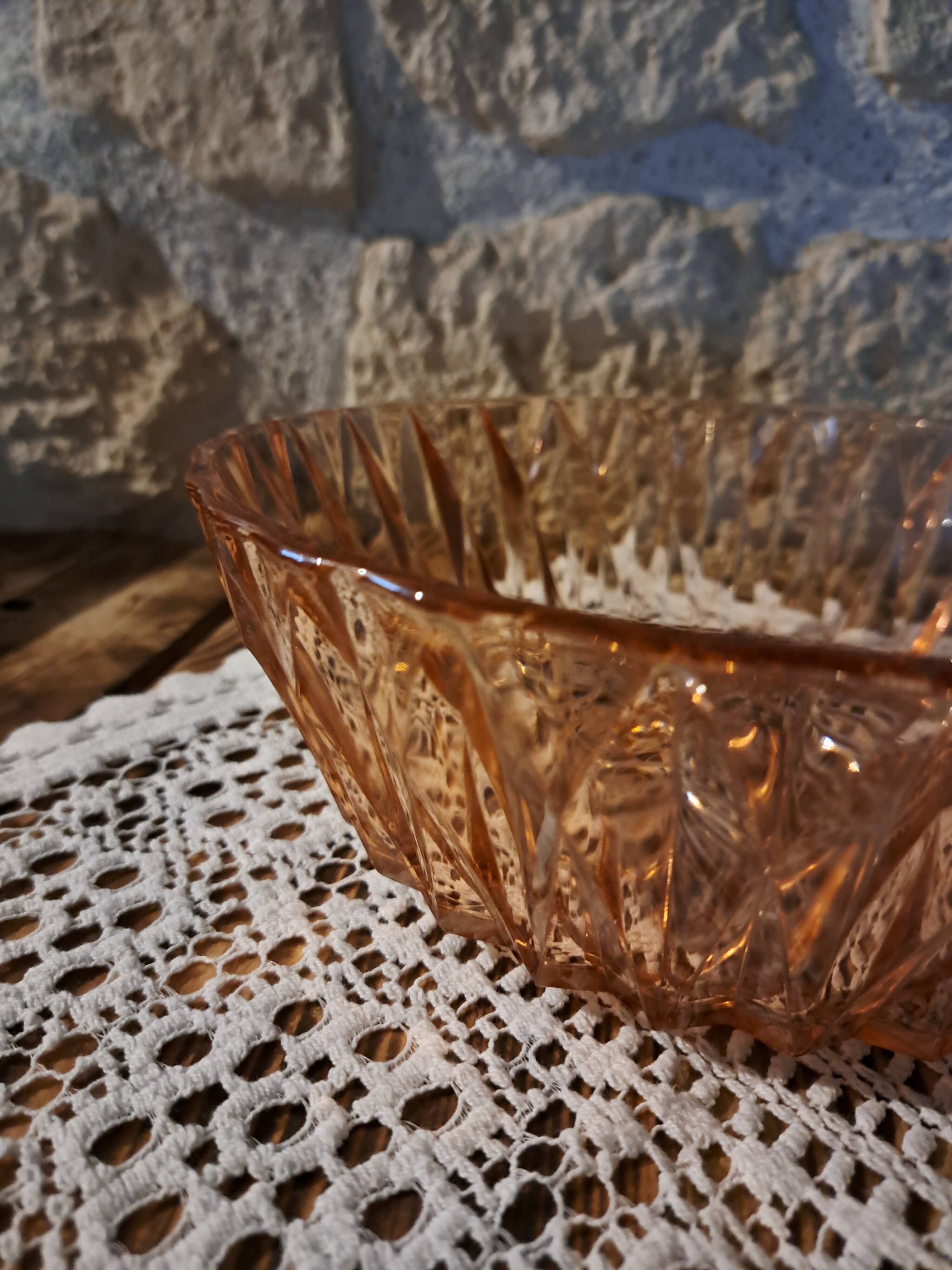 Vintage salad bowl in rosaline chiseled glass