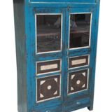 Armoire buffet bleu vaisselier vitre bois vieux teck 2 tiroirs