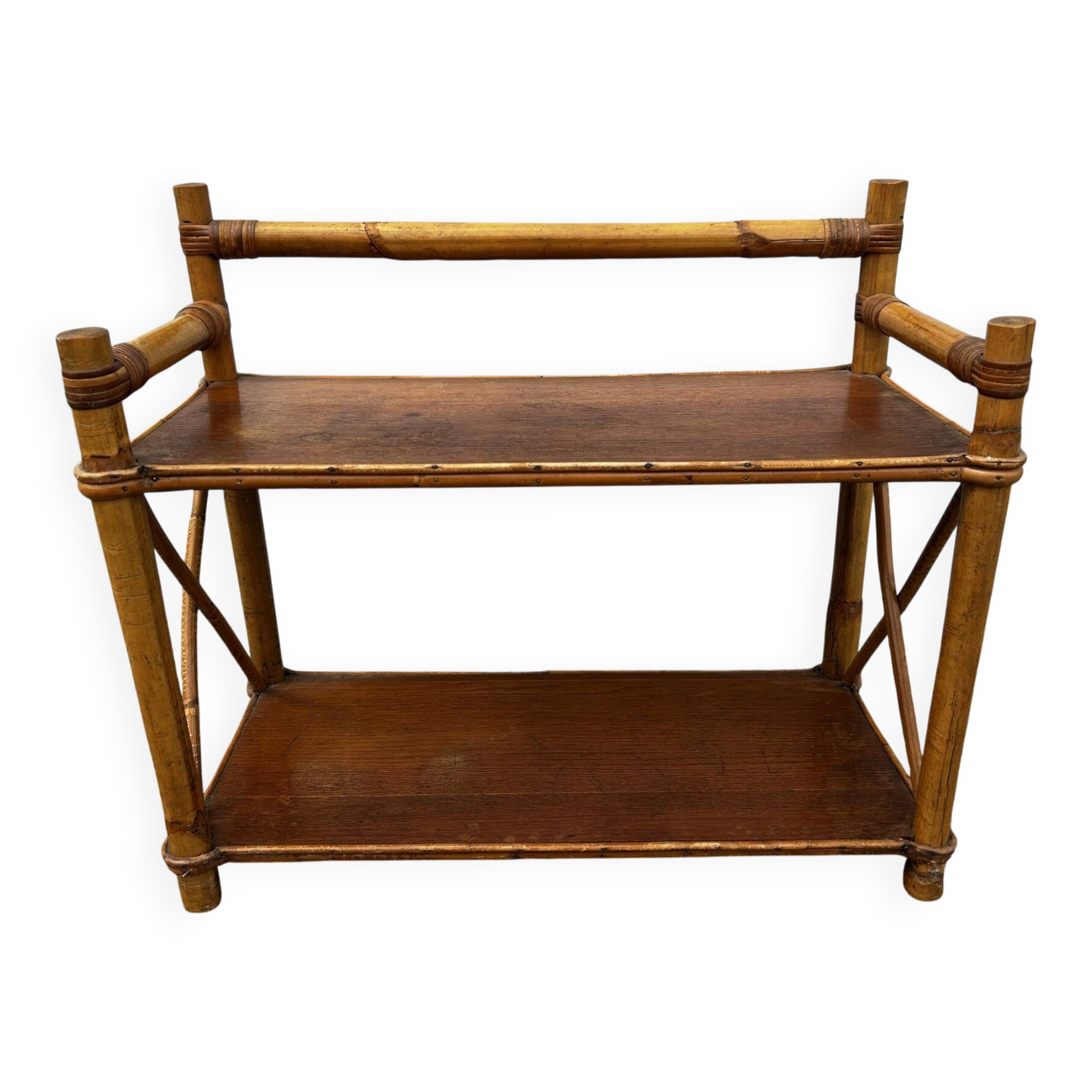 1970s rattan standing shelf