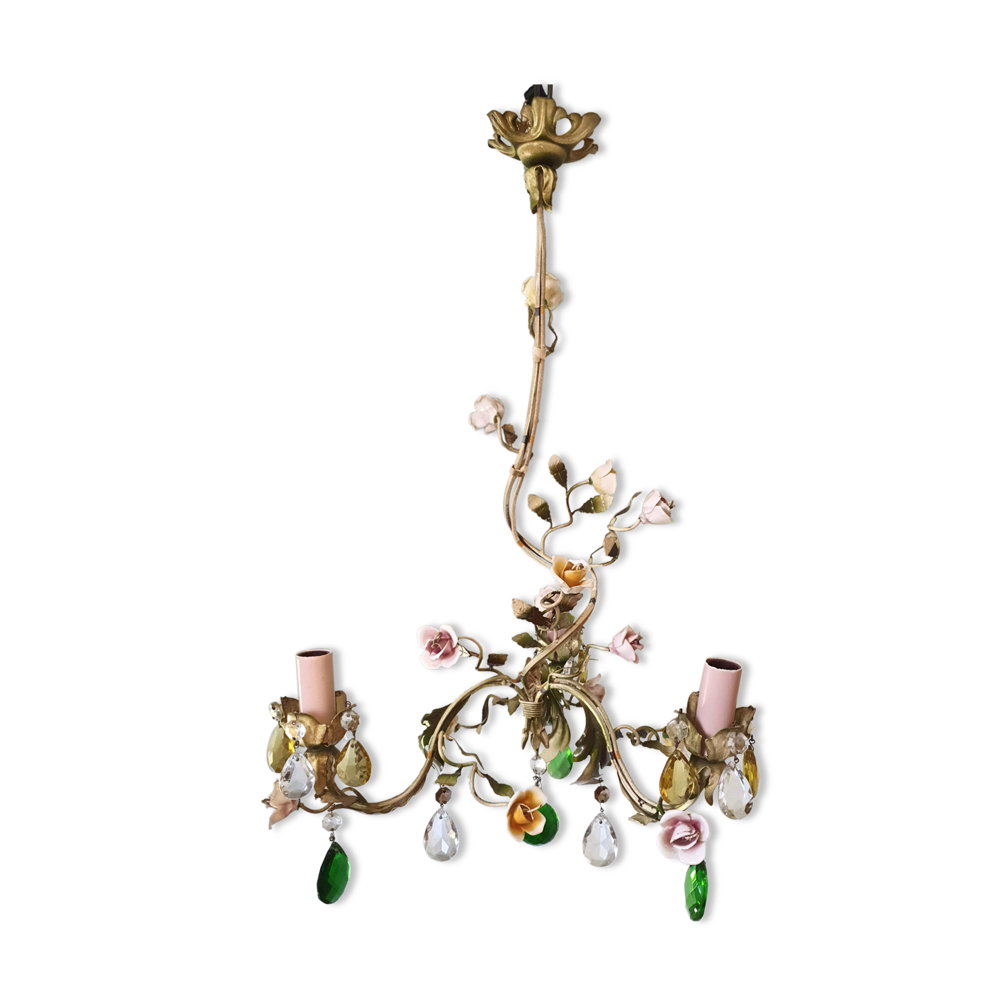 Painted metal chandelier and porcelain flowers