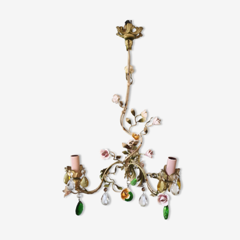 Painted metal chandelier and porcelain flowers