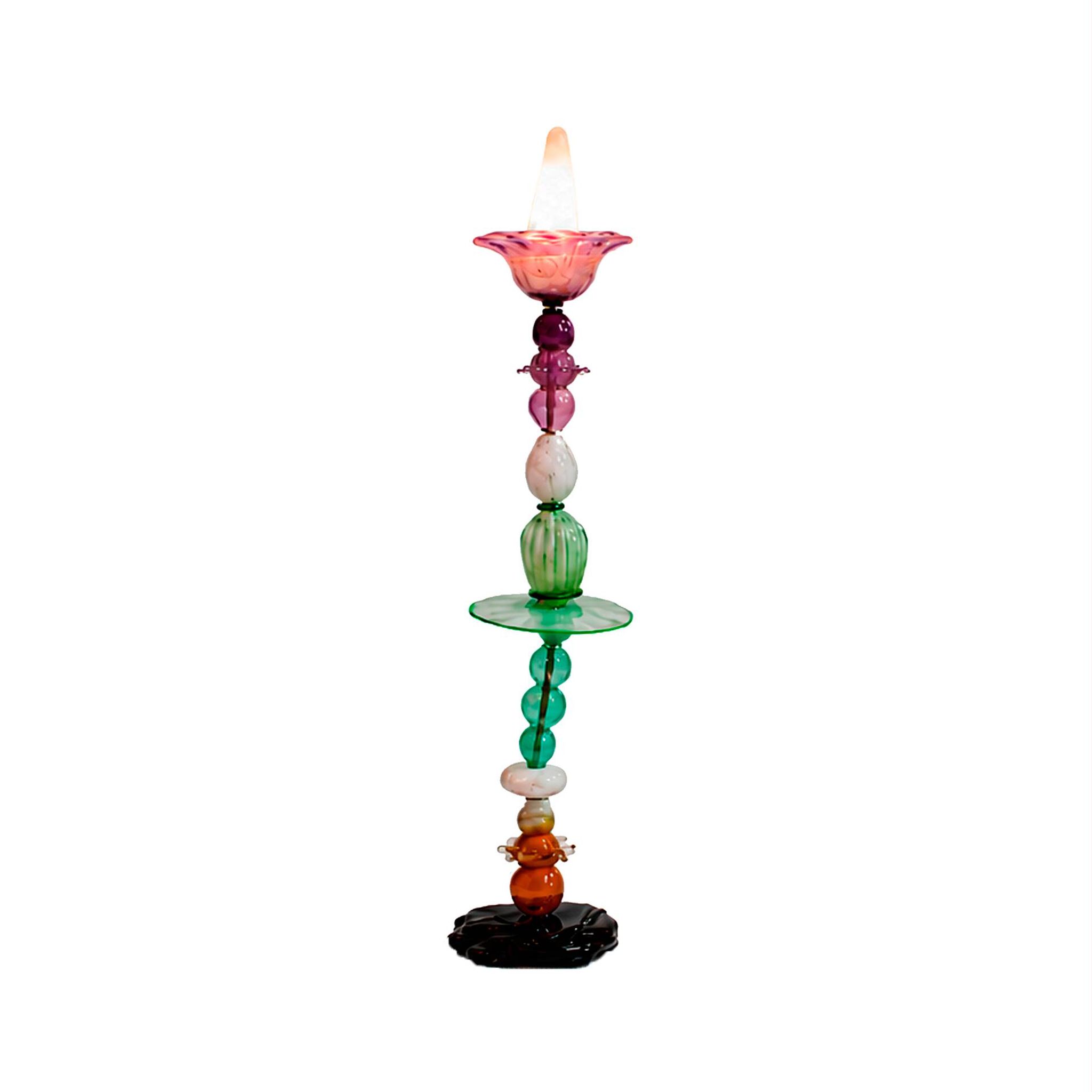 Set of three sculptural multicoloured glass floor lamps in a modernist style.