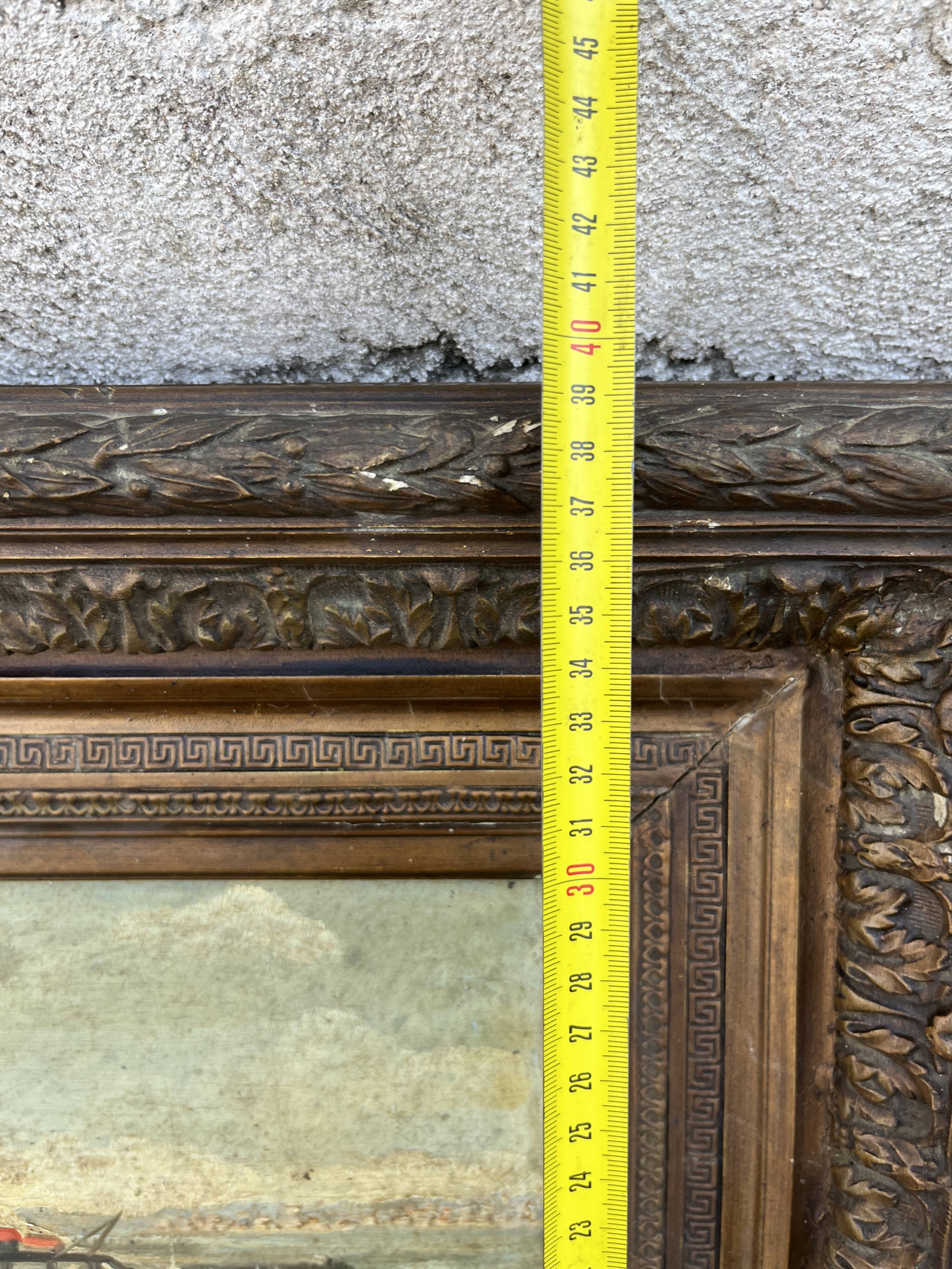 Beautiful painting of a port landscape and its old 19th century frame