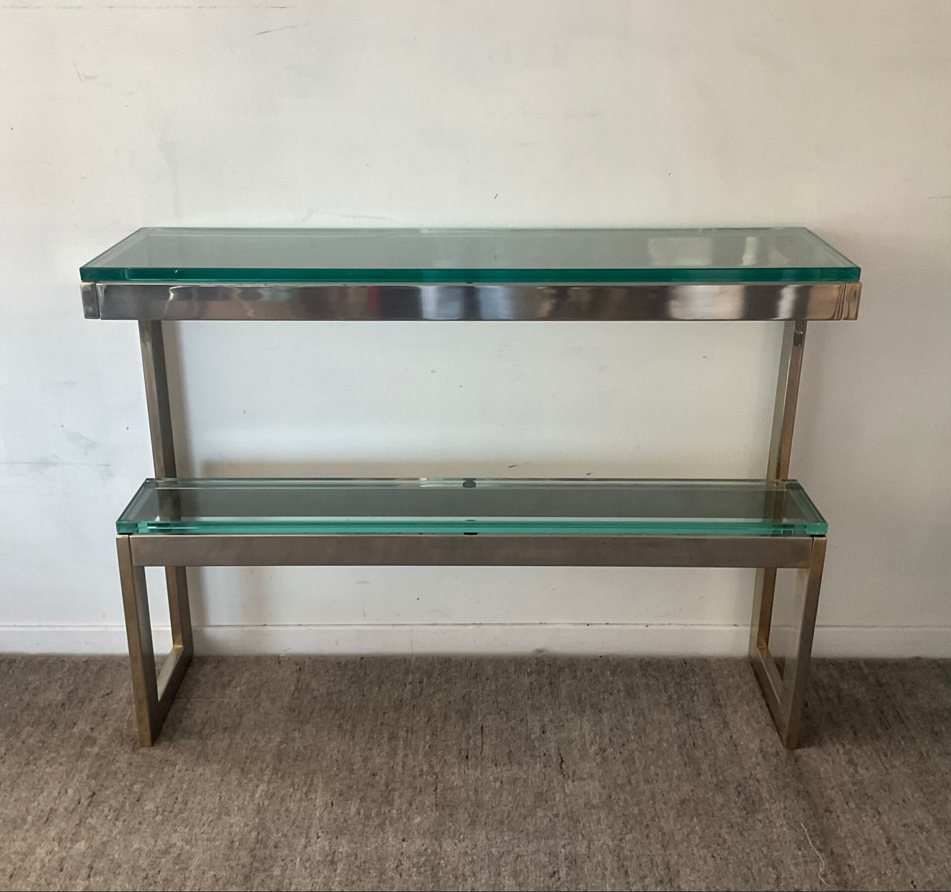 Console "G" by Belgochrom in brass and glass from the 1970s.