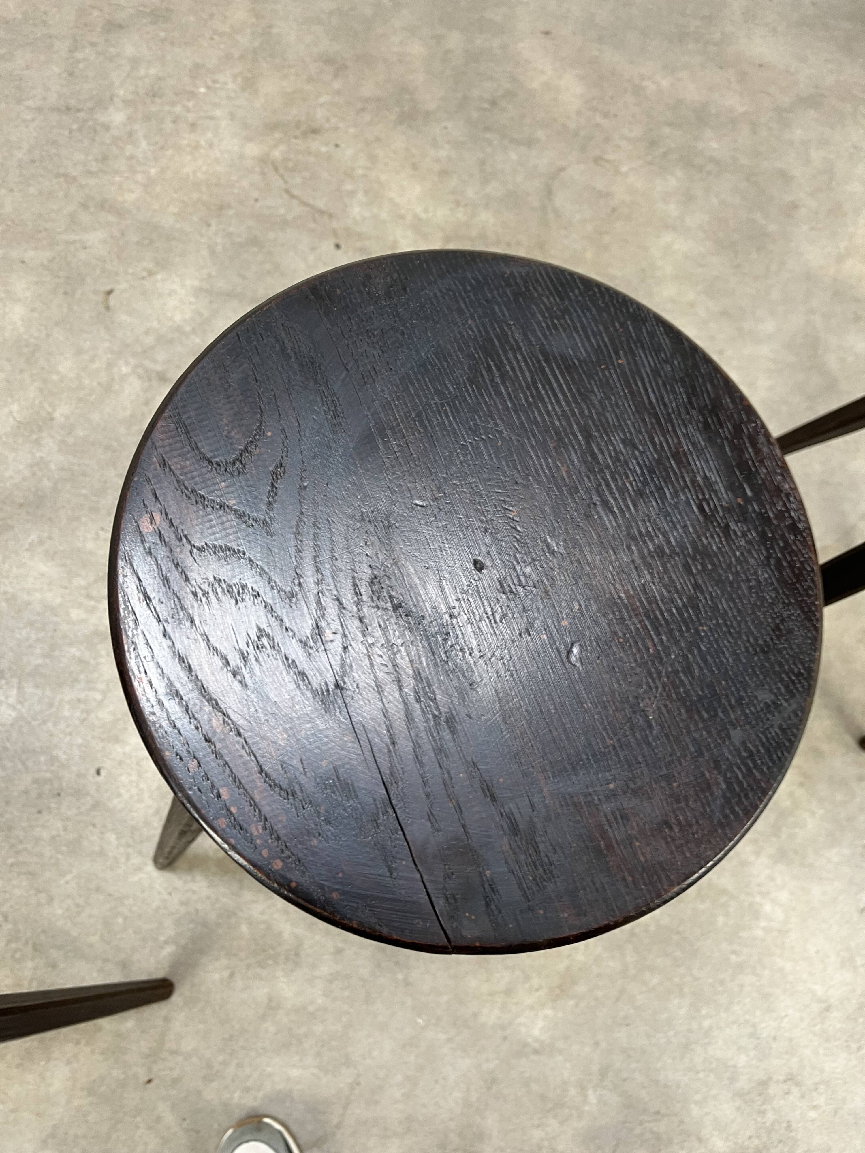 4 brutalist tripod bar stools, solid wood, 1950s