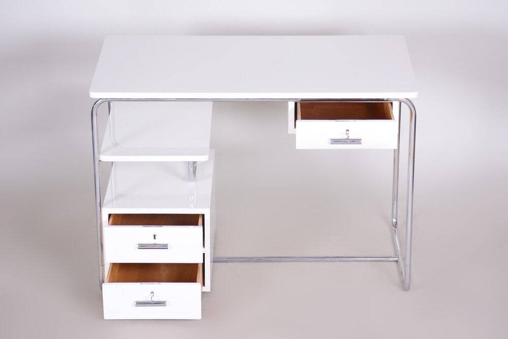 Bauhaus Desk in Chrome-Plated Steel and White Lacquered Wood, Germany, 1930s