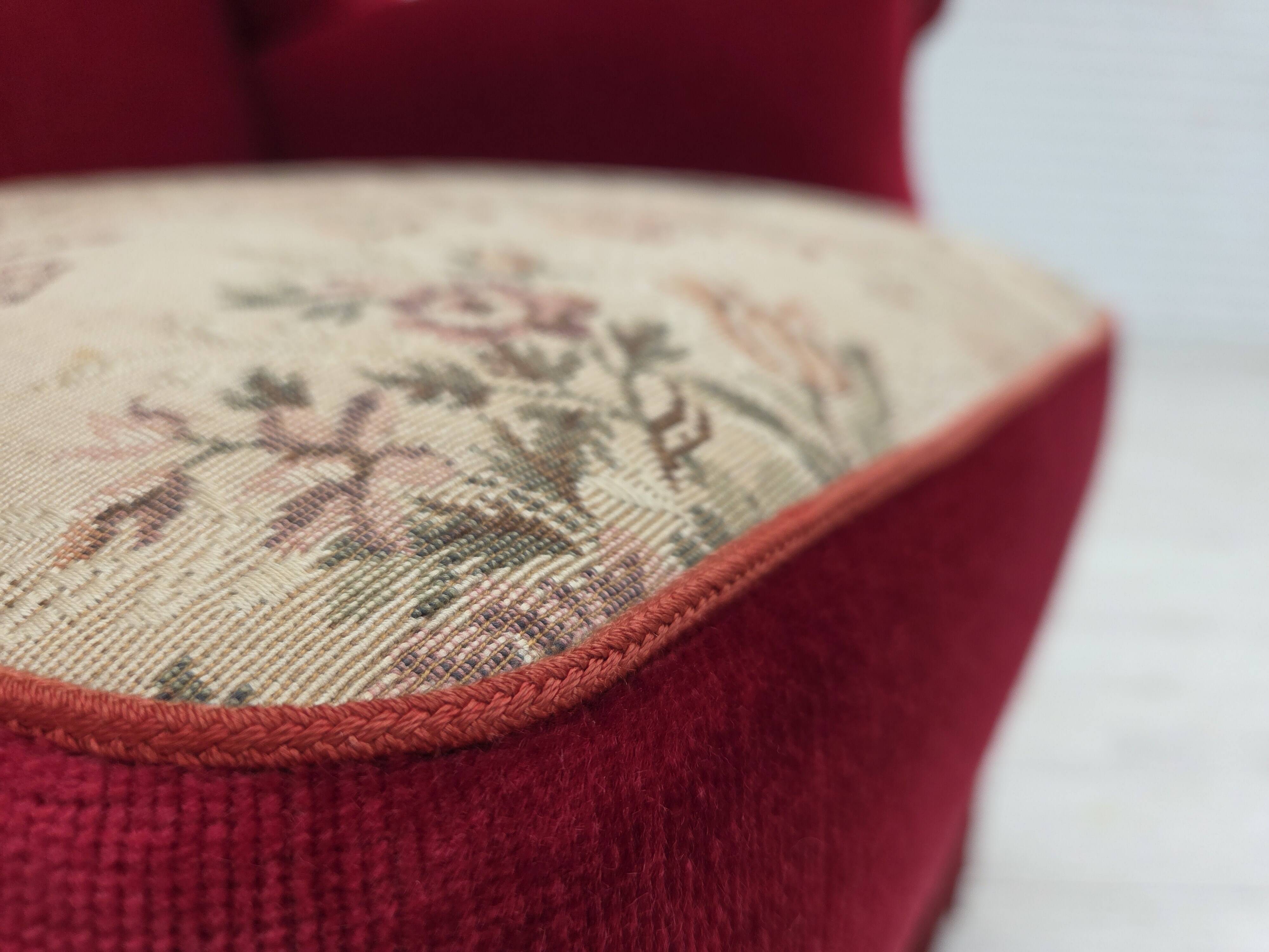 1970s, Danish highback armchair, red furniture velour, ash wood.