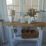 Vintage workbench with pearl gray patinated base and wooden top