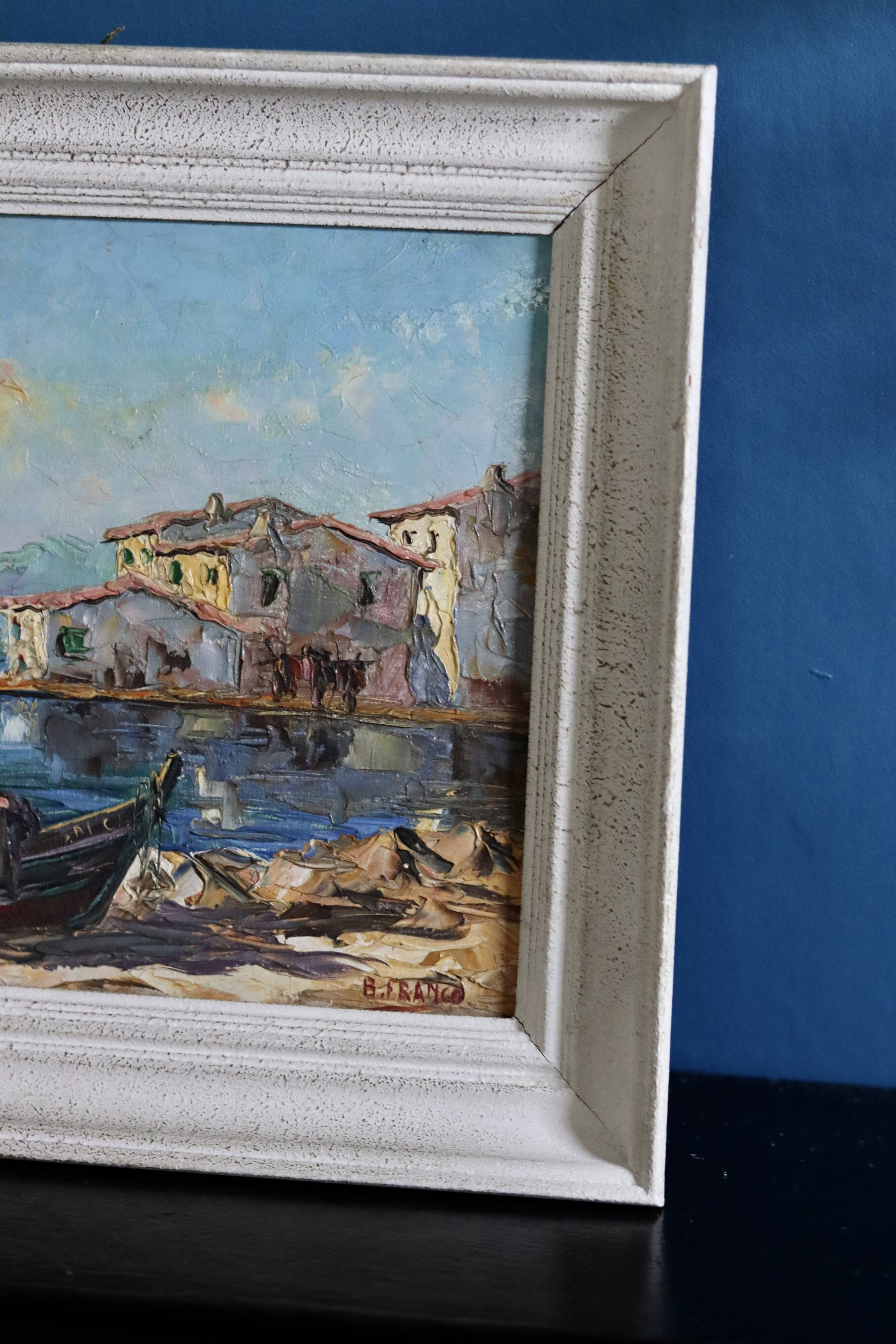 Oil painting on mid-century style panel "Port with Buildings" by B Franco, vintage and framed.