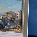 Oil painting on mid-century style panel "Port with Buildings" by B Franco, vintage and framed.